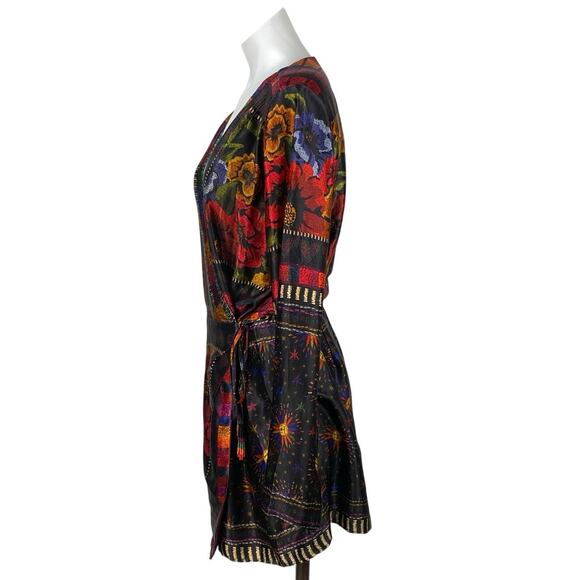 Farm Rio Black Multicolor Mixed Arabesque Scarves Long Sleeve Mini Wrap Dress M - Picture 4 of 10